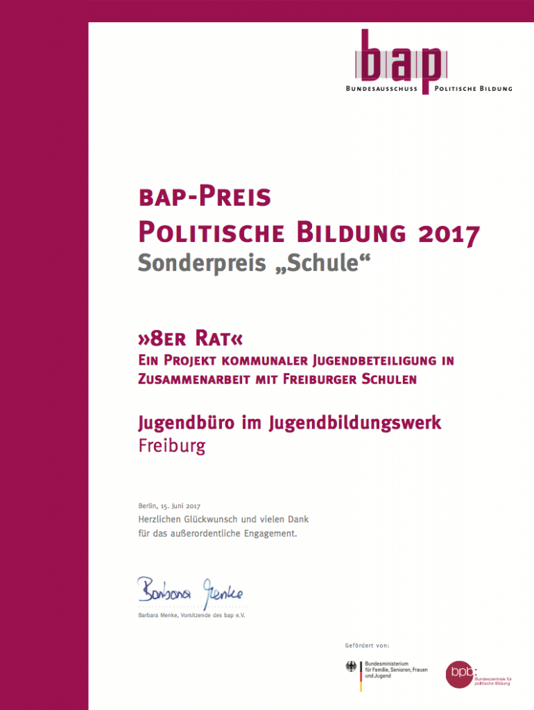Urkunde bap-Preis Politische Bildung 2017 Freiburg