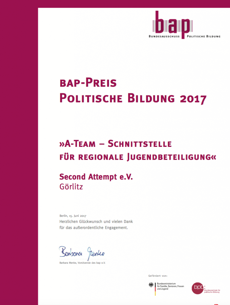 Urkunde bap-Preis Politische Bildung 2017 Görlitz