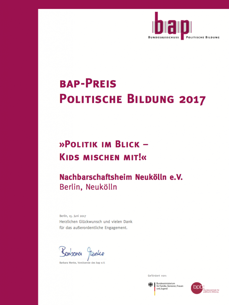 Urkunde bap- Preis Politische Bildung 2017 Neukölln